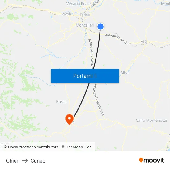 Chieri to Cuneo map