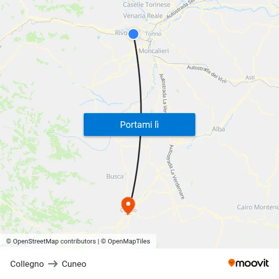 Collegno to Cuneo map