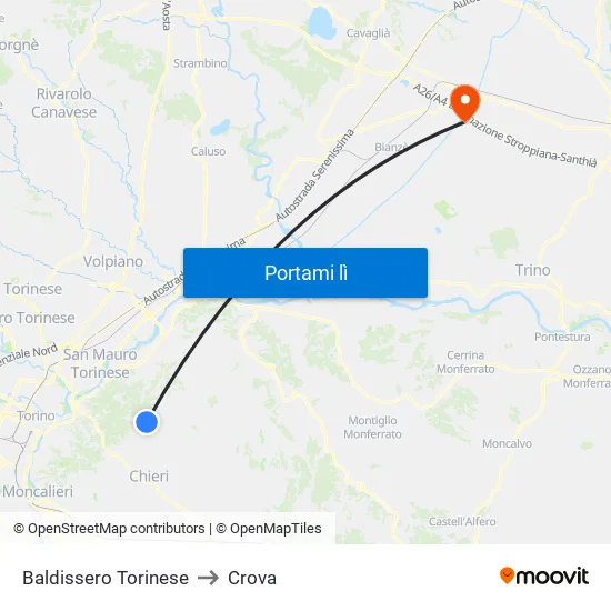 Baldissero Torinese to Crova map