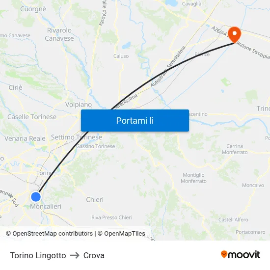 Torino Lingotto to Crova map