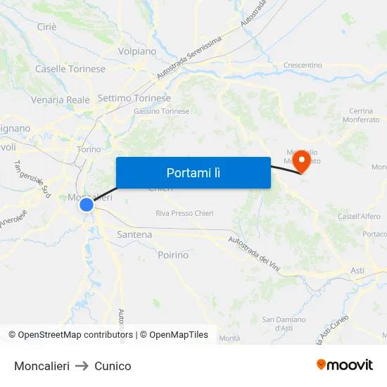 Moncalieri to Cunico map