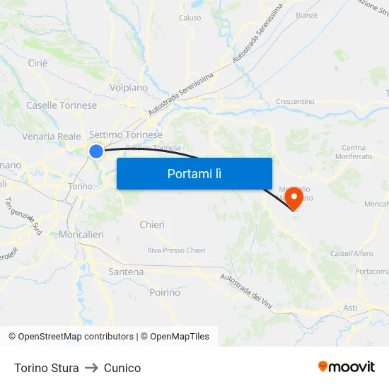 Torino Stura to Cunico map