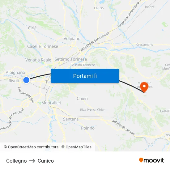 Collegno to Cunico map