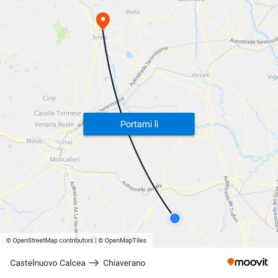Castelnuovo Calcea to Chiaverano map