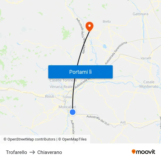 Trofarello to Chiaverano map
