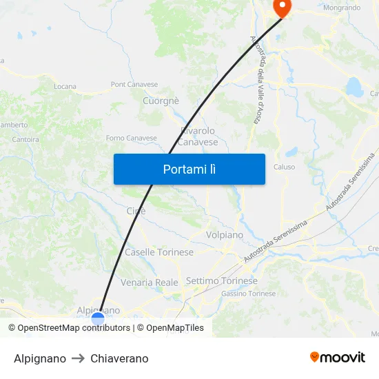 Alpignano to Chiaverano map