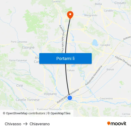 Chivasso to Chiaverano map