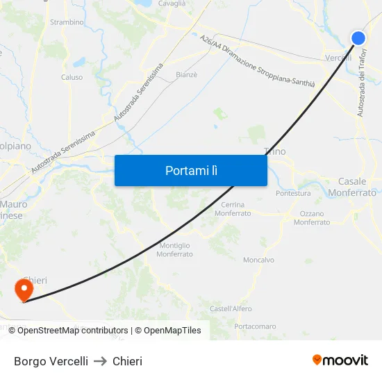 Borgo Vercelli to Chieri map