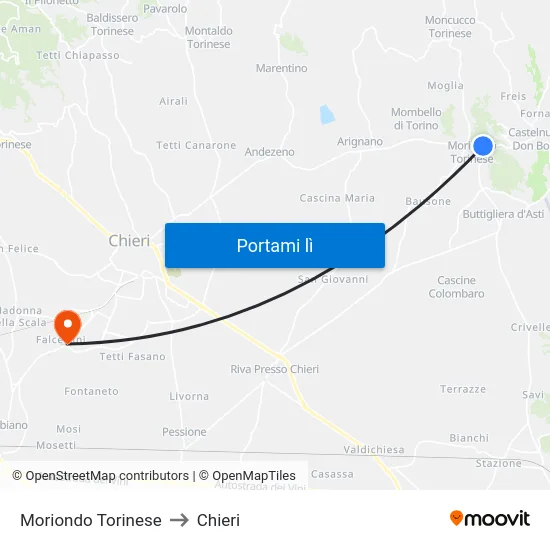 Moriondo Torinese to Chieri map