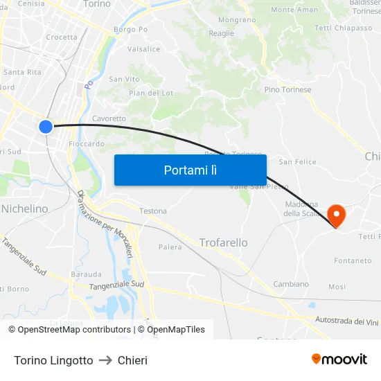 Torino Lingotto to Chieri map