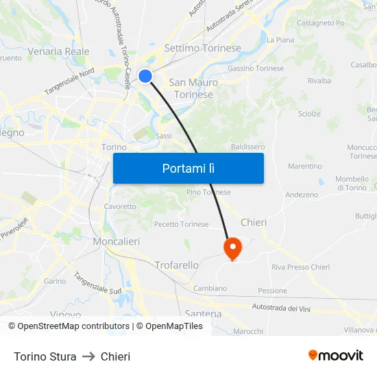 Torino Stura to Chieri map