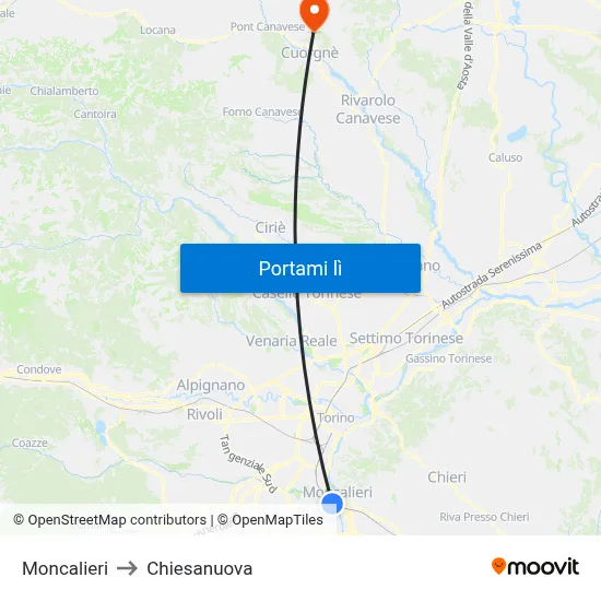 Moncalieri to Chiesanuova map