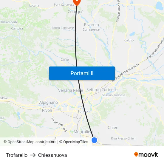 Trofarello to Chiesanuova map