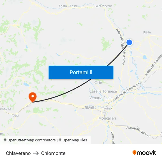 Chiaverano to Chiomonte map