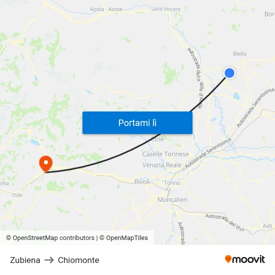 Zubiena to Chiomonte map