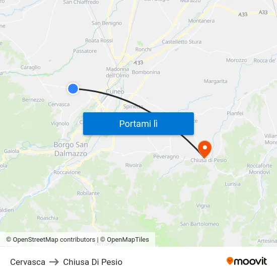 Cervasca to Chiusa Di Pesio map