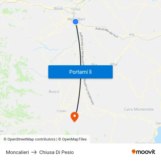 Moncalieri to Chiusa Di Pesio map