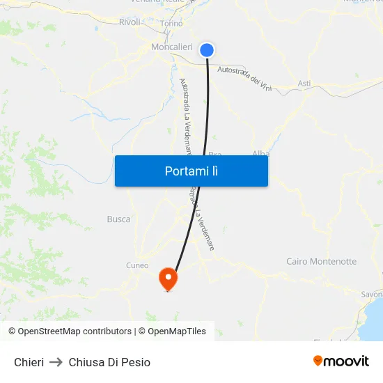 Chieri to Chiusa Di Pesio map