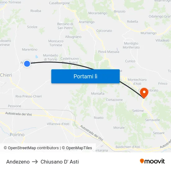 Andezeno to Chiusano D' Asti map