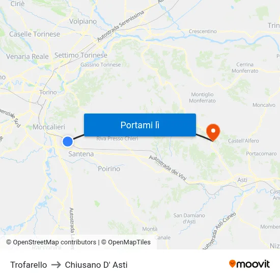 Trofarello to Chiusano D' Asti map