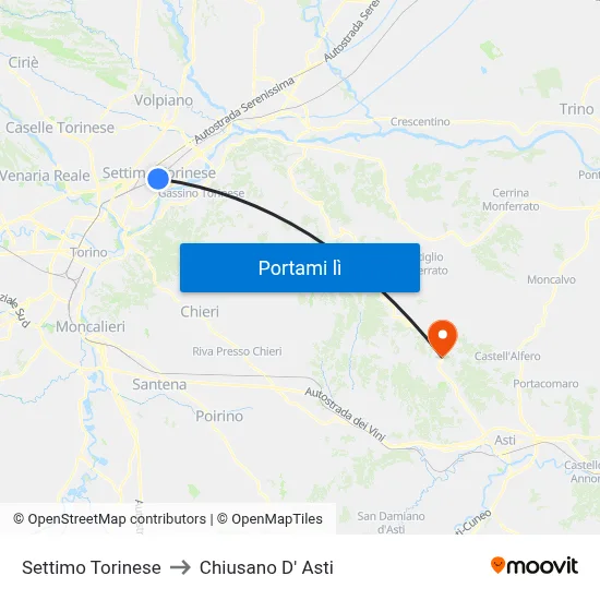 Settimo Torinese to Chiusano D' Asti map