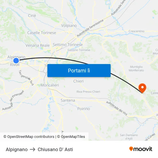 Alpignano to Chiusano D' Asti map