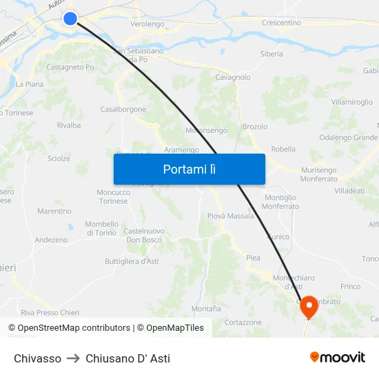 Chivasso to Chiusano D' Asti map