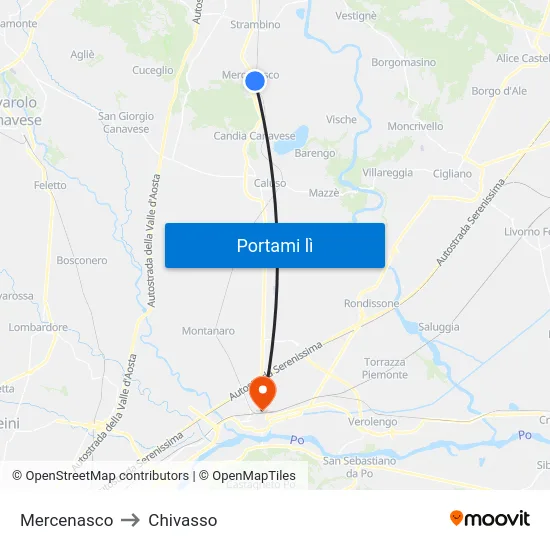 Mercenasco to Chivasso map