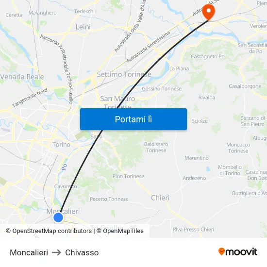 Moncalieri to Chivasso map
