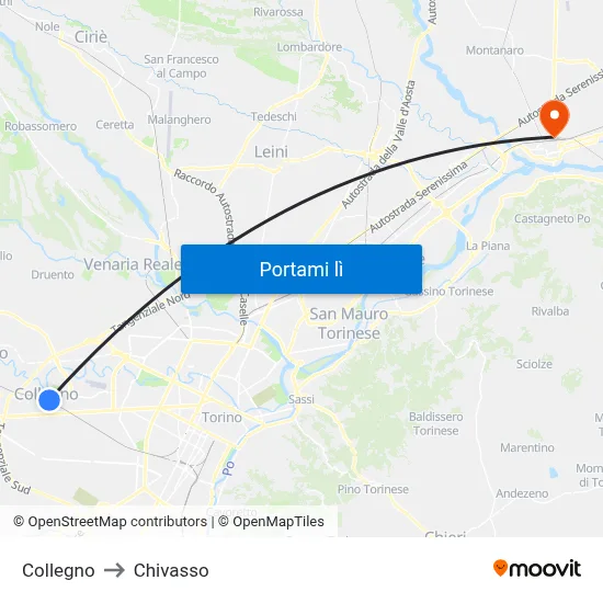 Collegno to Chivasso map