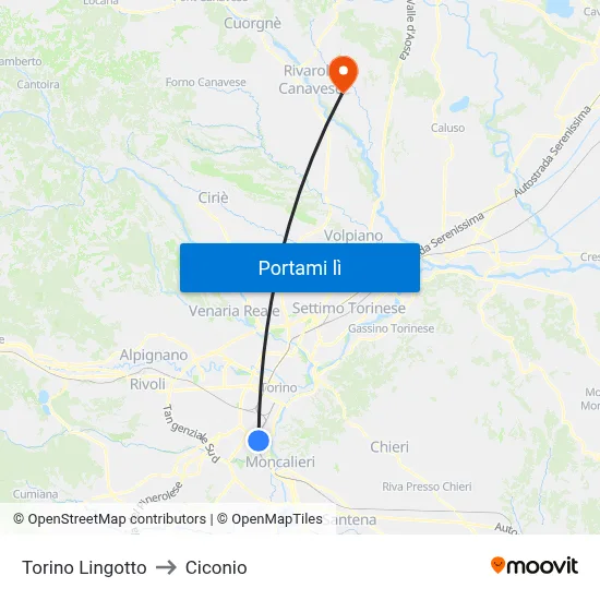 Torino Lingotto to Ciconio map