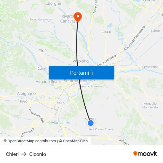 Chieri to Ciconio map