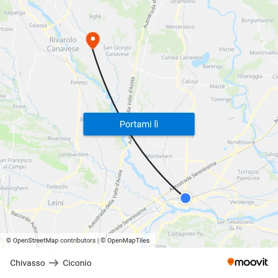 Chivasso to Ciconio map