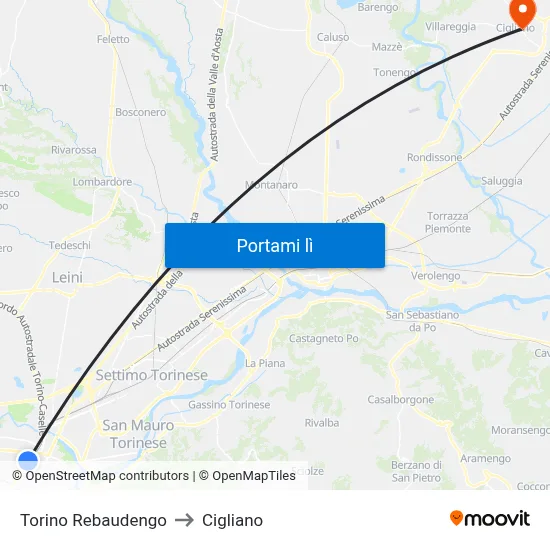 Torino Rebaudengo to Cigliano map