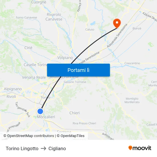 Torino Lingotto to Cigliano map