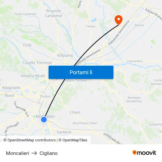 Moncalieri to Cigliano map