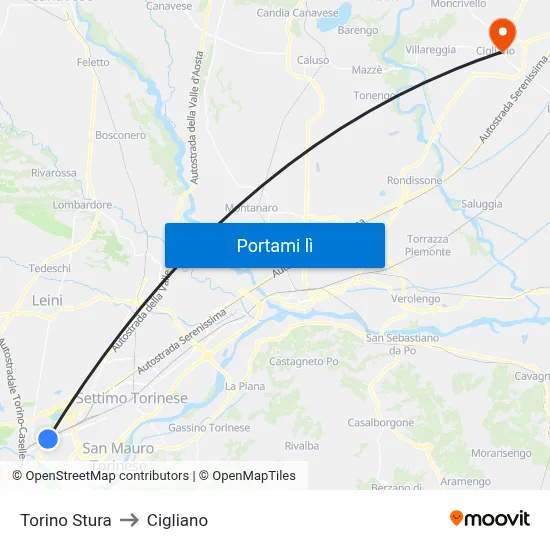 Torino Stura to Cigliano map