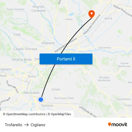 Trofarello to Cigliano map