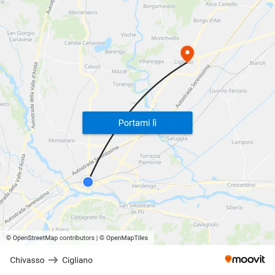 Chivasso to Cigliano map