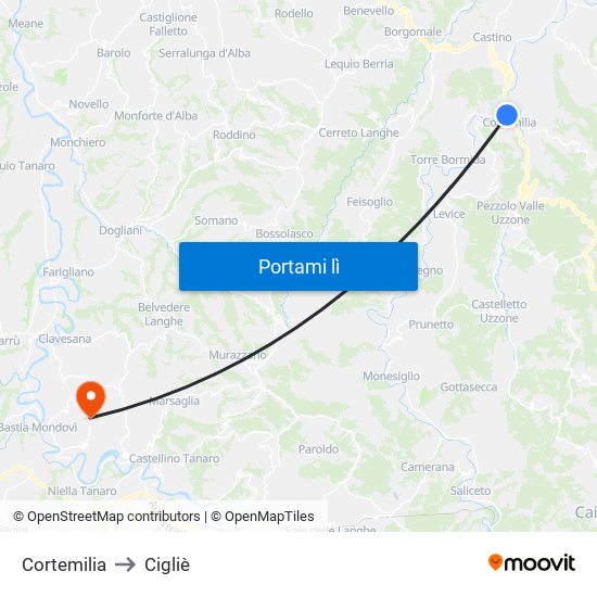 Cortemilia to Cigliè map