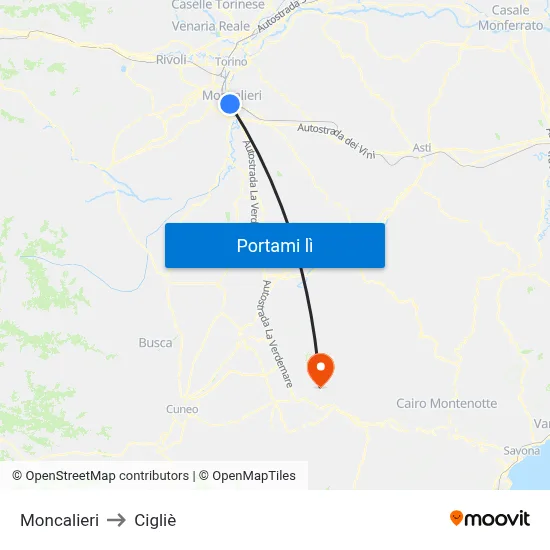 Moncalieri to Cigliè map