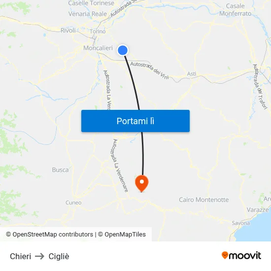 Chieri to Cigliè map