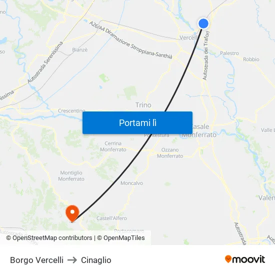 Borgo Vercelli to Cinaglio map