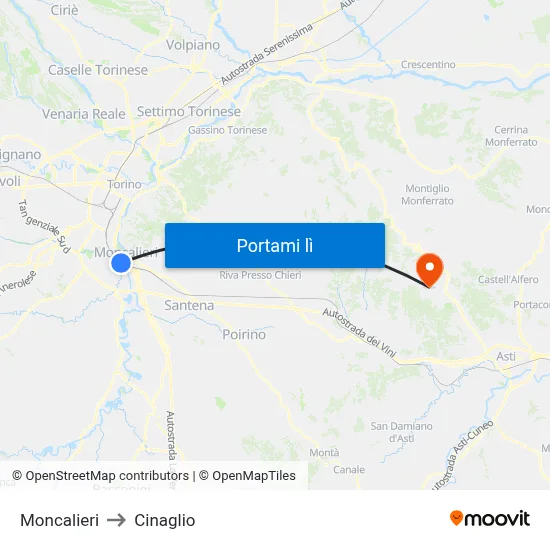 Moncalieri to Cinaglio map