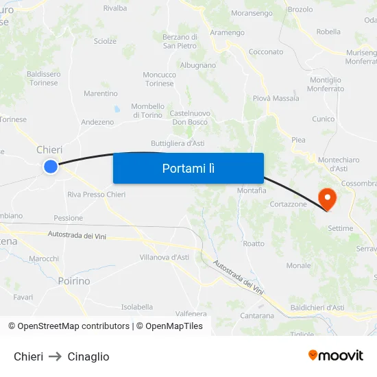 Chieri to Cinaglio map