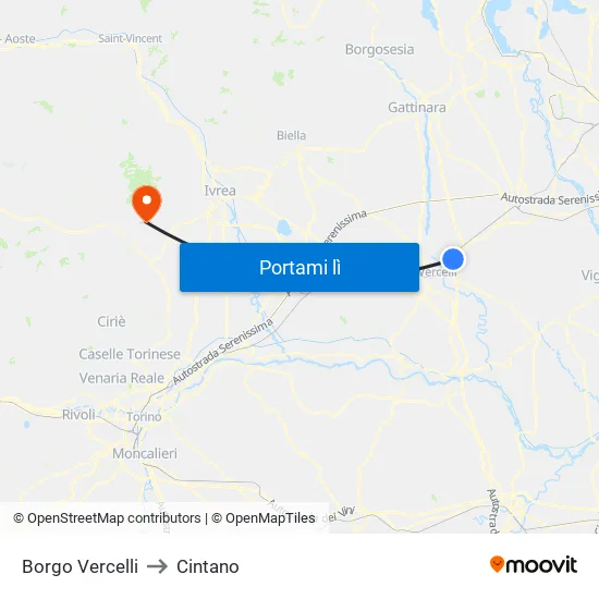 Borgo Vercelli to Cintano map