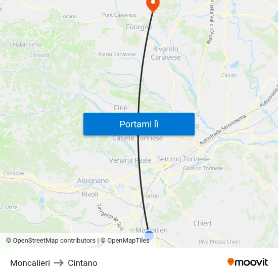 Moncalieri to Cintano map