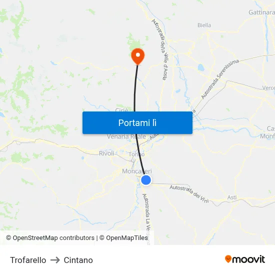 Trofarello to Cintano map