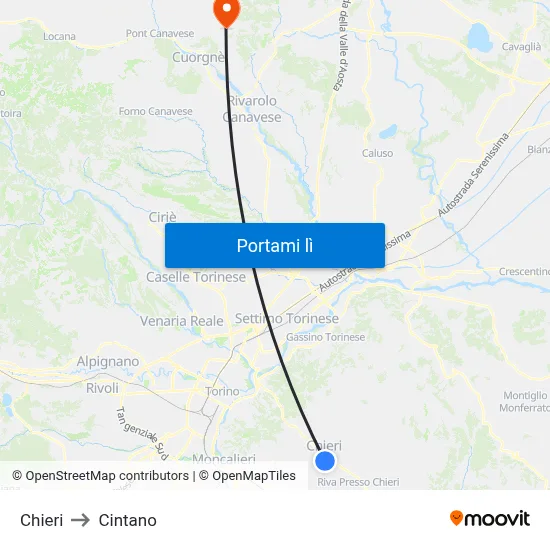 Chieri to Cintano map