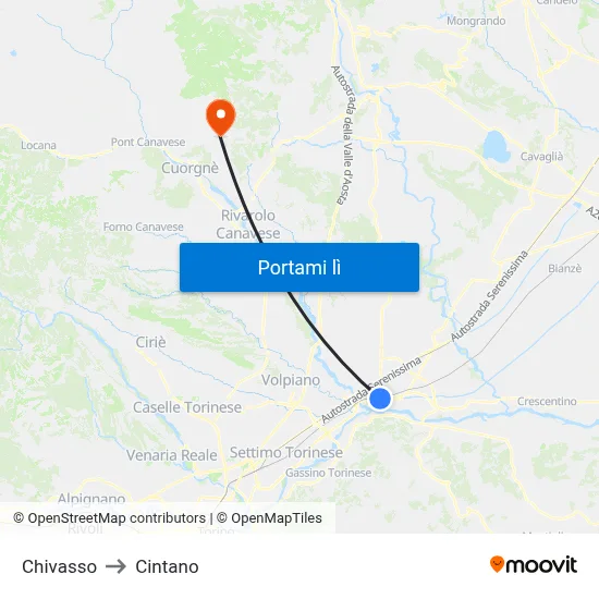 Chivasso to Cintano map